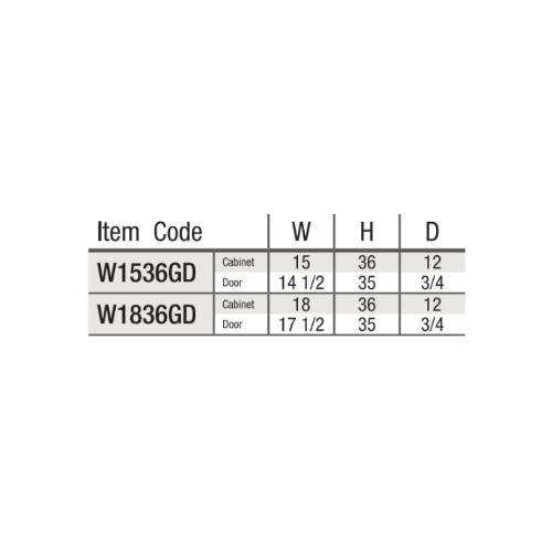 item code W1536GD W1836GD