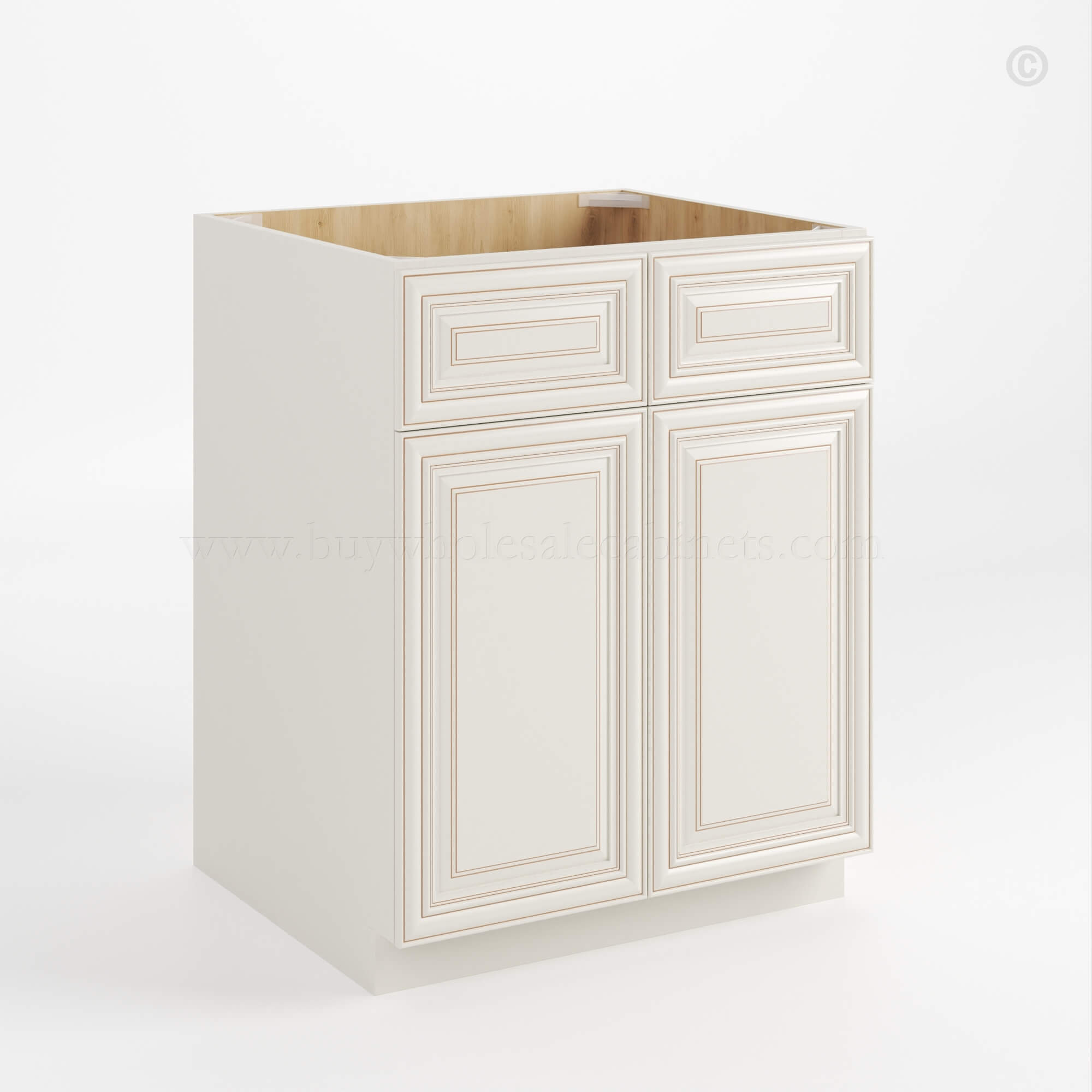 Charleston White Raised Panel Sink Base With Double Doors and Drawers