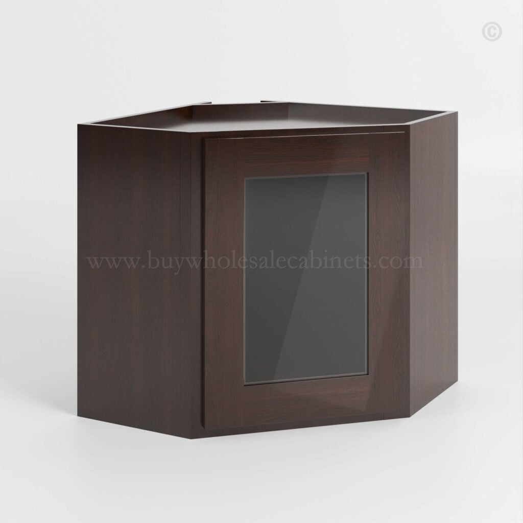 Shaker Espresso 12x 24 Diagonal Corner Wall Shelf with Glass Door