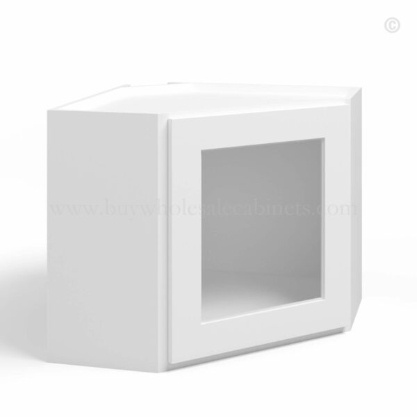 White Shaker 12 x 27 Diagonal Corner Wall Shelf with Glass Door