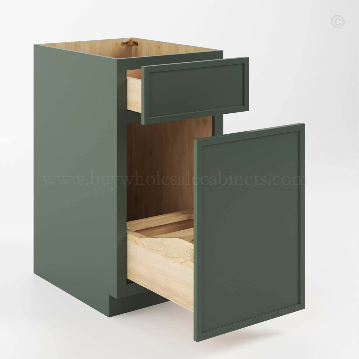 Slim Shaker Green Base Trash Cabinet, rta cabinets, wholesale cabinets