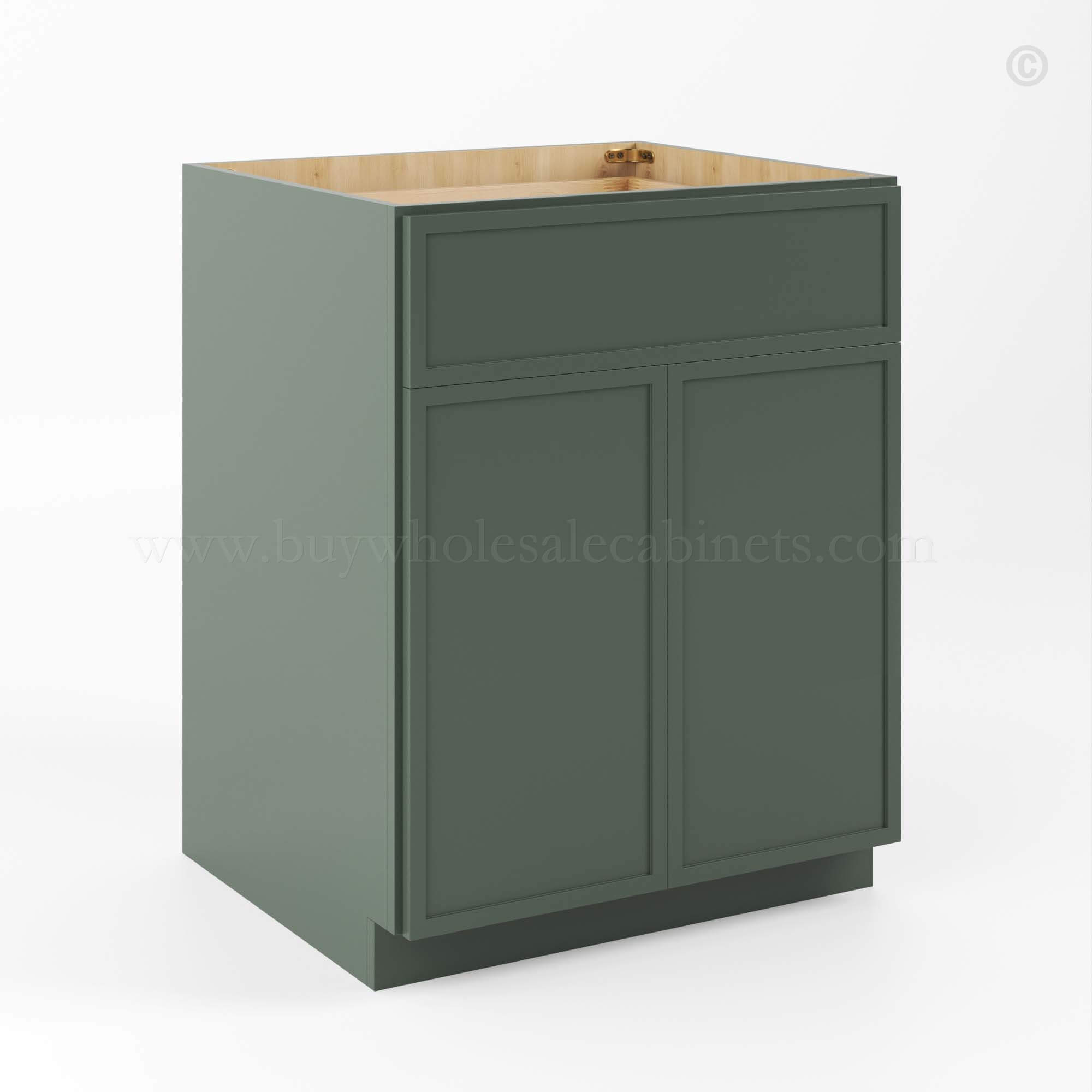 Slim Shaker Green Base Cabinet Double Door & Single Drawer, rta cabinets, wholesale cabinets