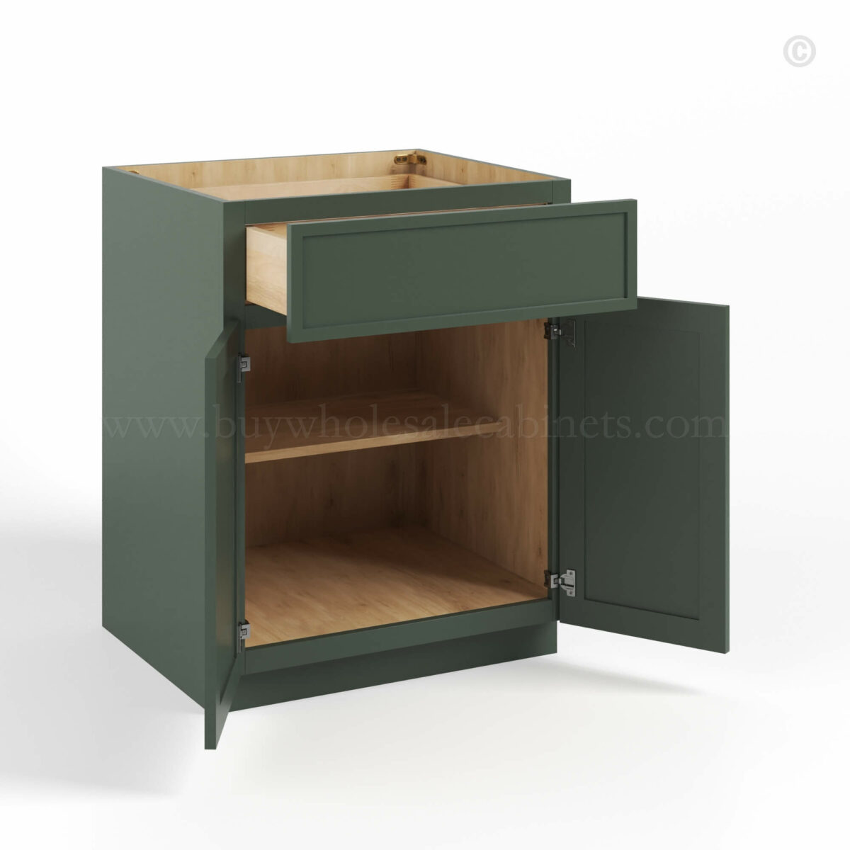 Slim Shaker Green Base Cabinet Double Door & Single Drawer, rta cabinets, wholesale cabinets