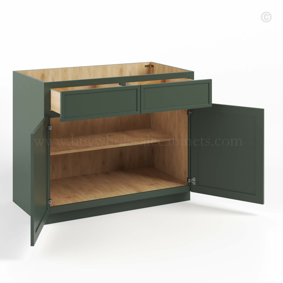 Slim Shaker Green Base Cabinet Double Doors & Double Drawer, rta cabinets, wholesale cabinets