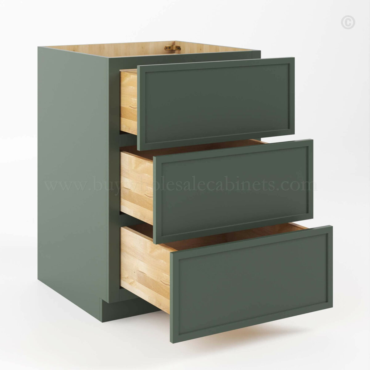 Slim Shaker Green Base Cabinet with 3 Drawers, rta cabinets, wholesale cabinets