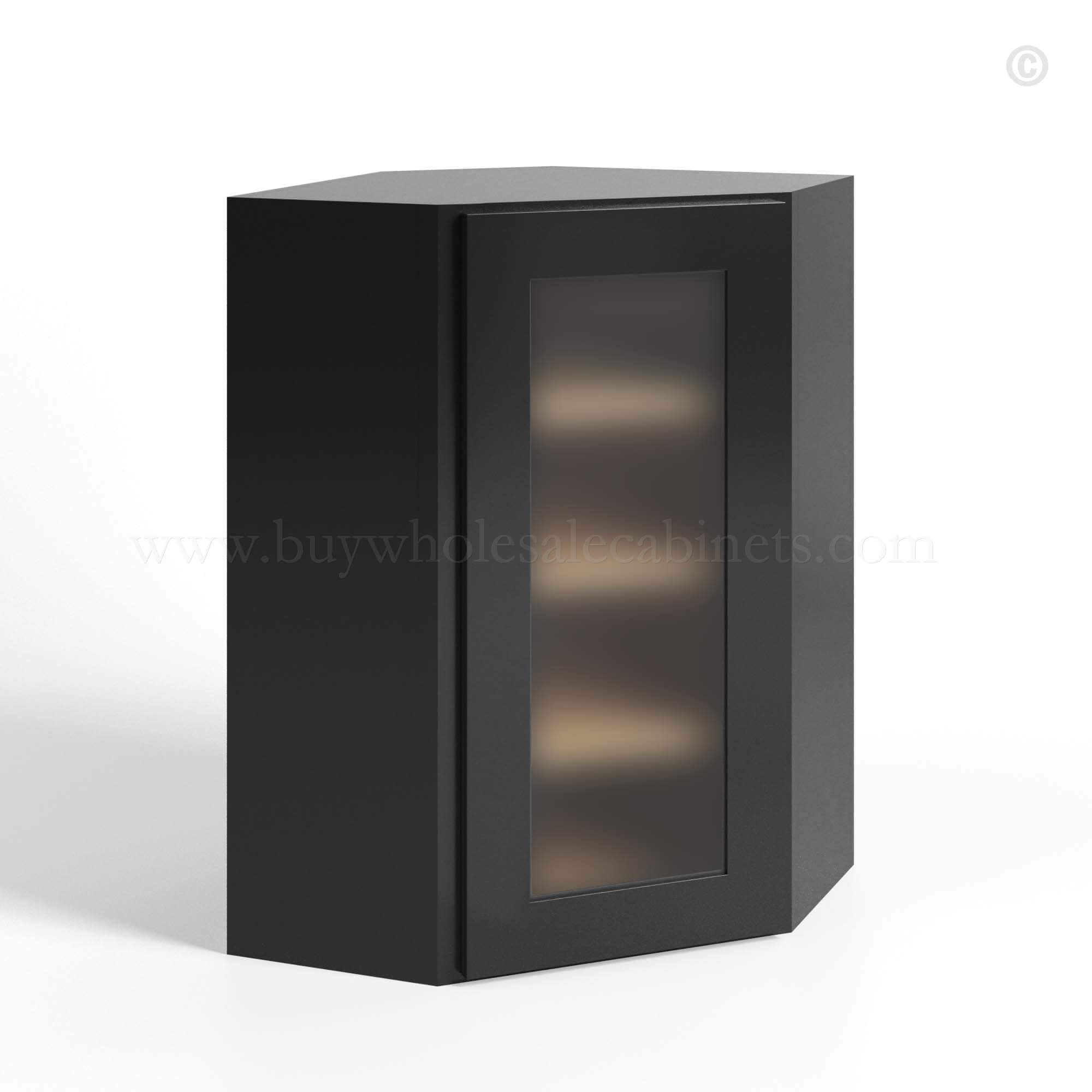 Black Shaker Wall Diagonal Glass Corner, rta cabinets, wholesale cabinets