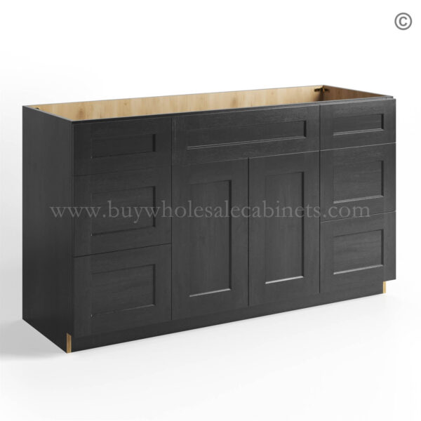 62 charcoal black shaker vanity sink base combo with three drawer left and right and sink centered closed 1