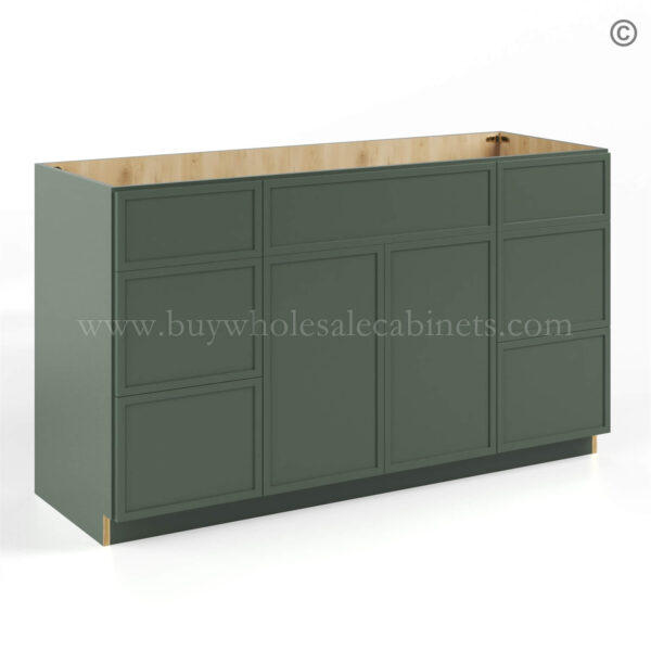 62 slim shaker green vanity sink base combo with three drawer left and right and sink centered closed 2