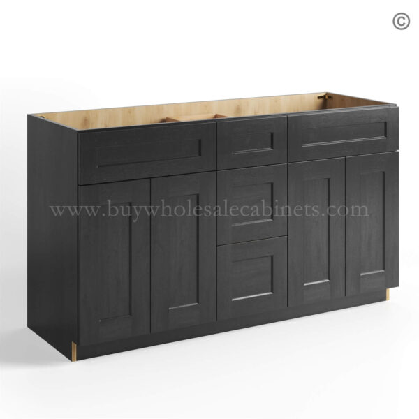 63 charcoal black shaker vanity sink base combo with three drawer middle and double sink closed 1