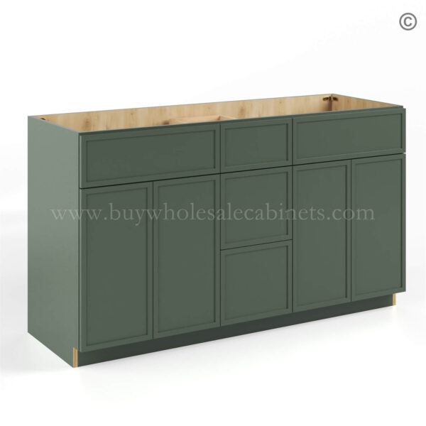 63 slim shaker green vanity sink base combo with three drawer middle and double sink closed 2