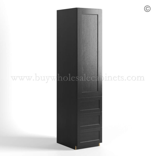 66 charcoal black shaker vanity linen cabinet with three drawer and single door closed