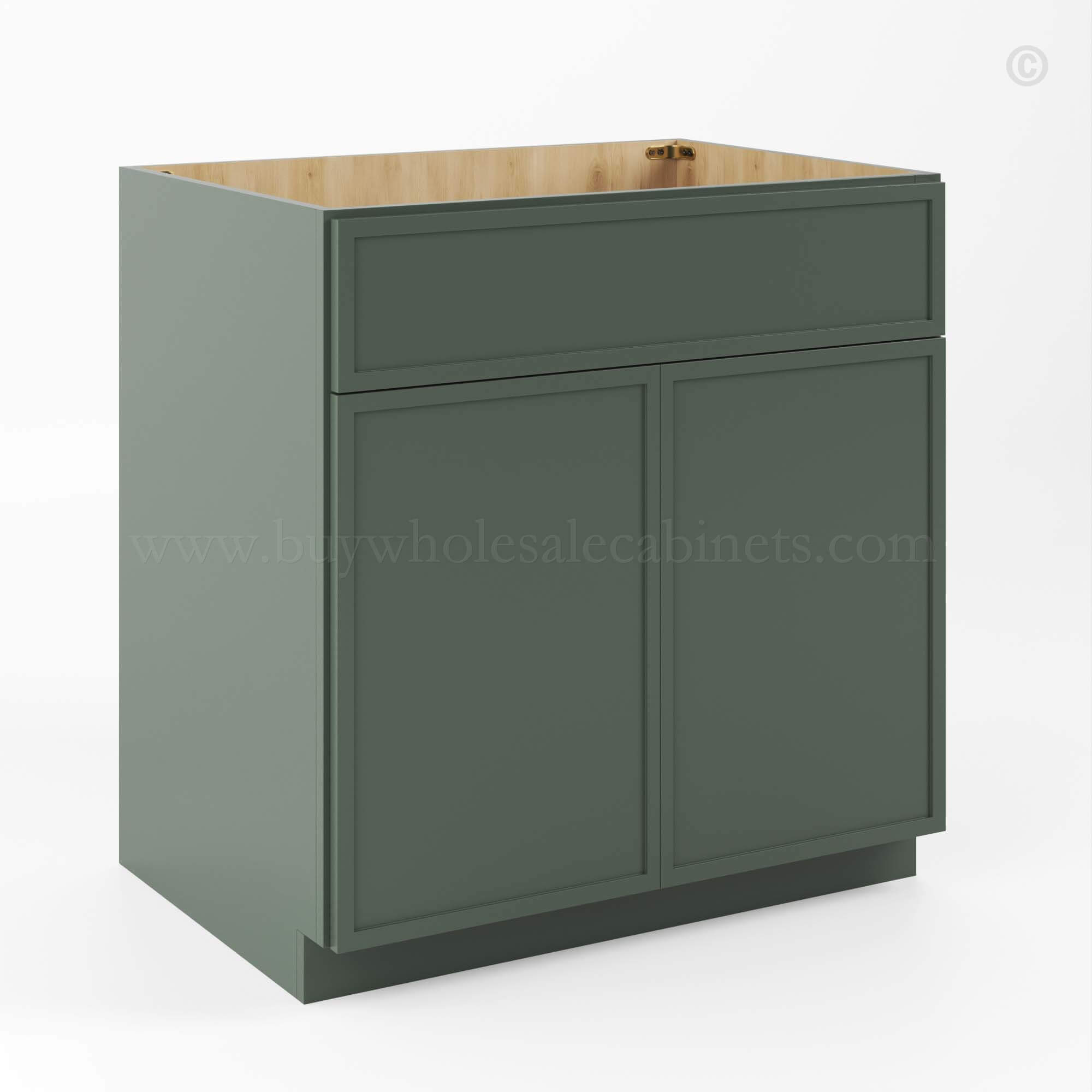 Slim Shaker Green Sink Base Double Door and 1 False Drawer, rta cabinets, wholesale cabinets