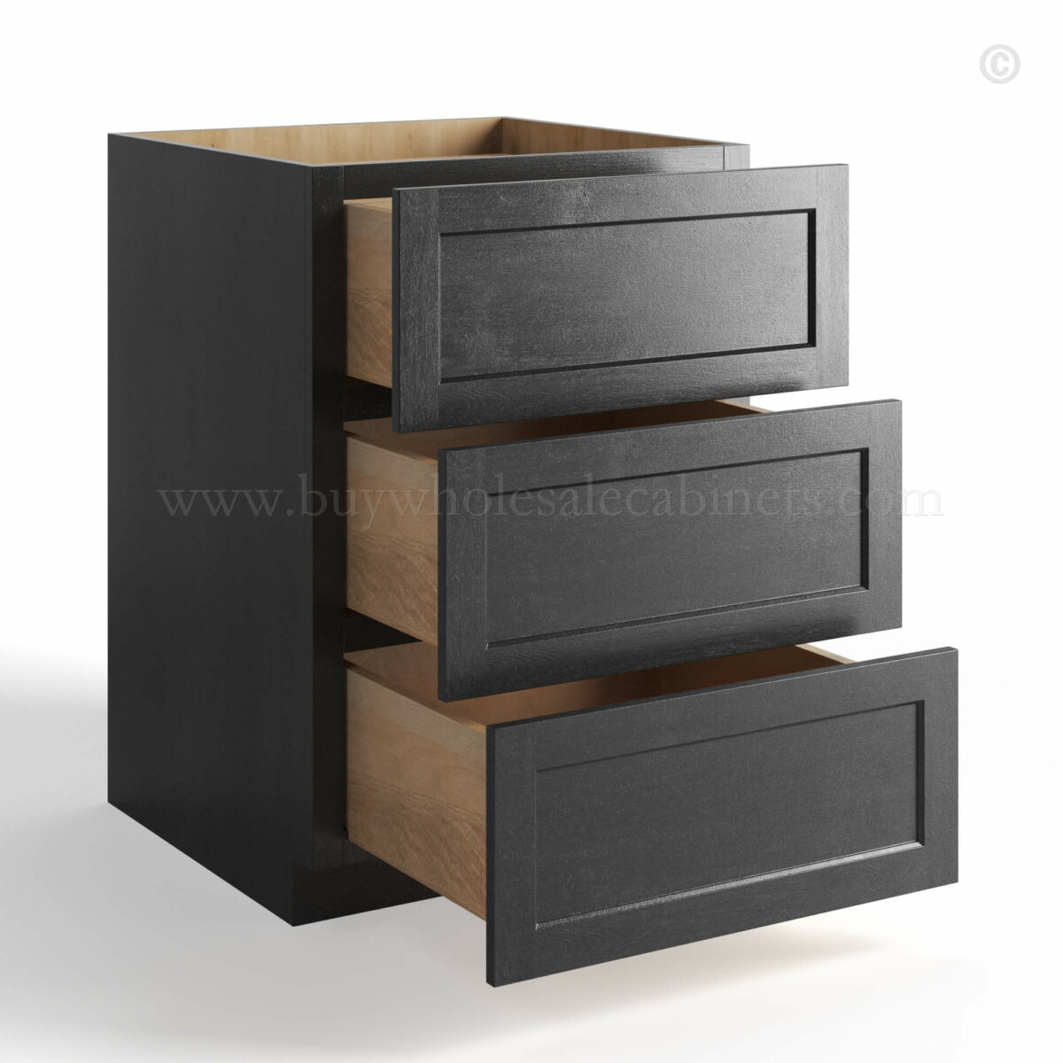 charcoal black shaker 3 drawer base cabinet with three drawers open, rta cabinets, wholesale cabinets