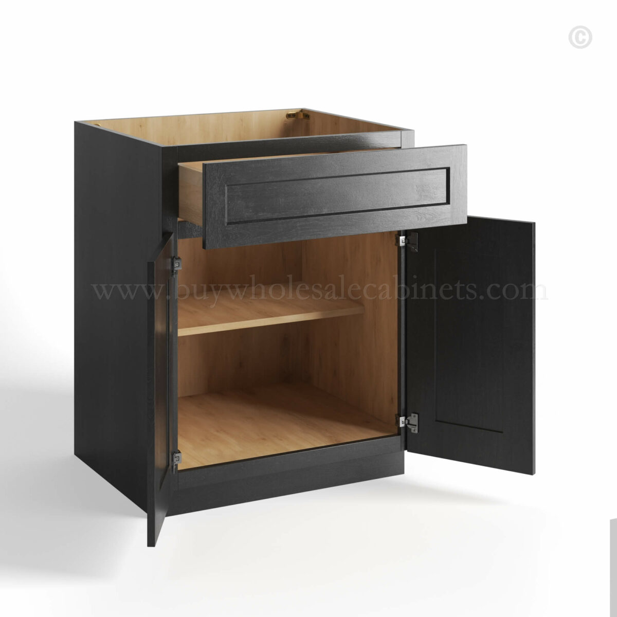 charcoal black shaker base cabinet with two doors and drawer, rta cabinets, wholesale cabinets