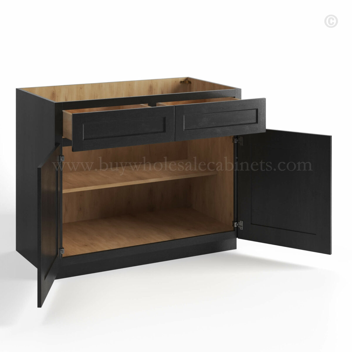 charcoal black shaker base cabinet with two doors and two drawers open, rta cabinets, wholesale cabinets