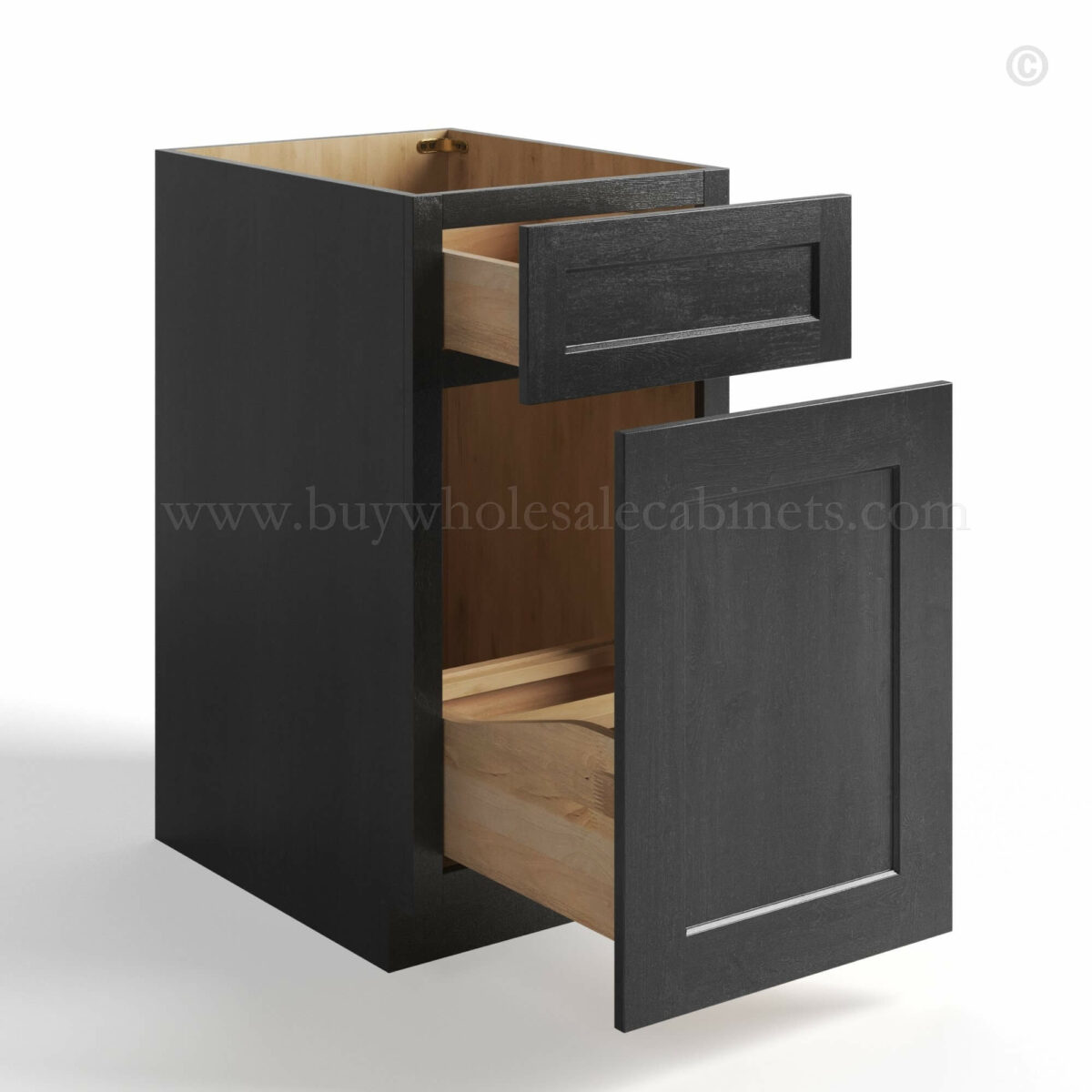 charcoal black shaker base trash cabinet with single door and drawer open, rta cabinets, wholesale cabinets