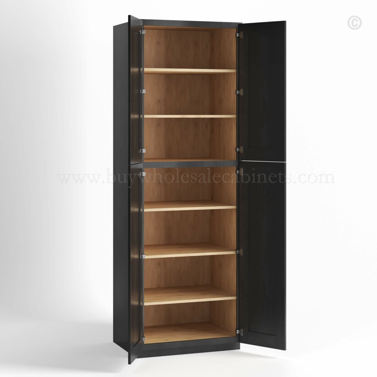charcoal black shaker tall pantry cabinets with four doors open, rta cabinets, wholesale cabinets