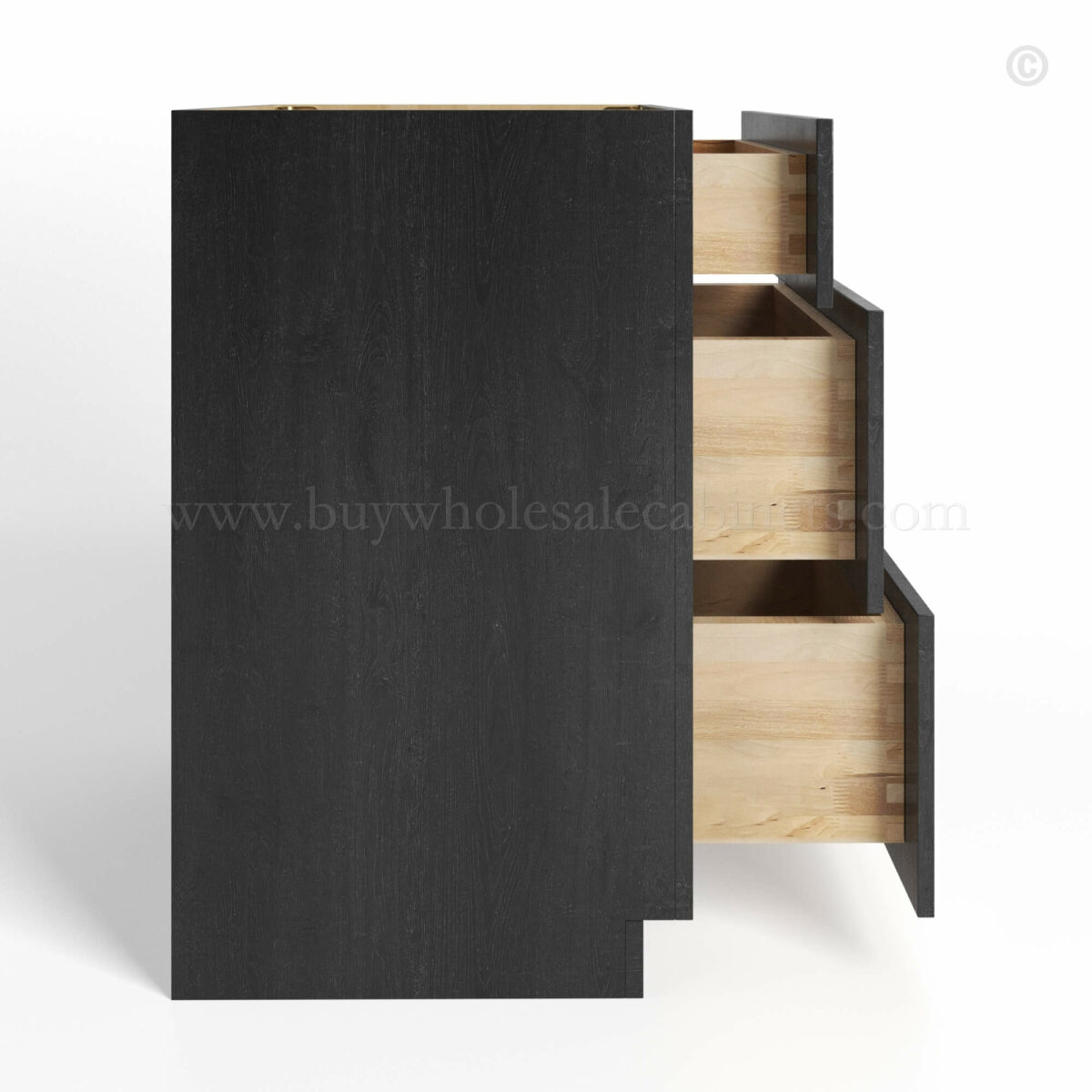charcoal black shaker vanity drawer base cabinet with three drawers dovetail, rta cabinets, wholesale cabinets