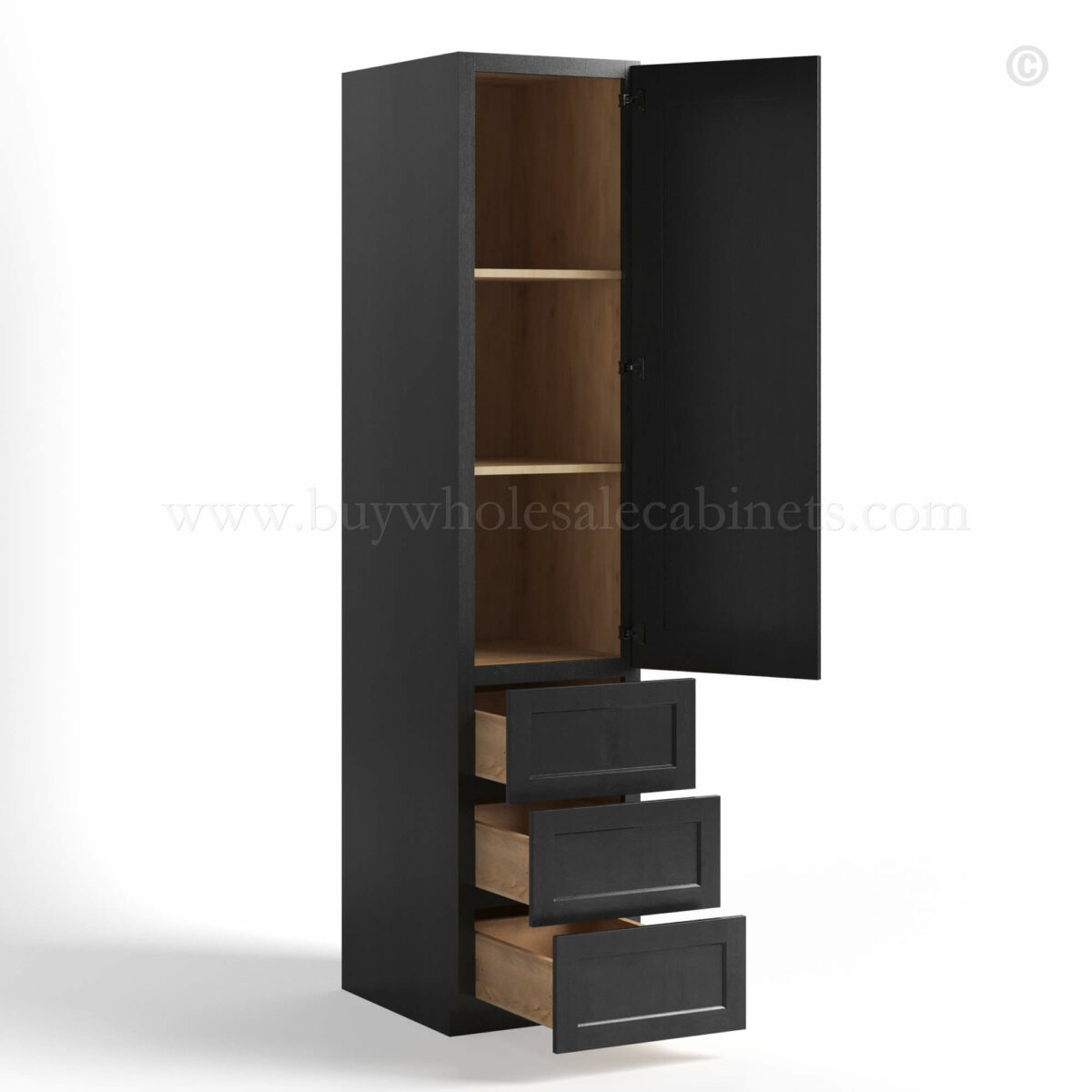 charcoal black shaker vanity linen cabinet with three drawer and single door, rta cabinets, wholesale cabinets