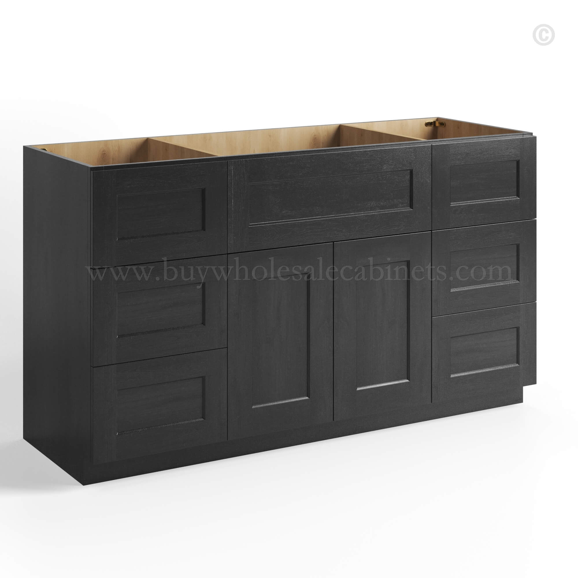 charcoal black shaker vanity sink base combo with three drawer left and right and sink centered, rta cabinets, wholesale cabinets