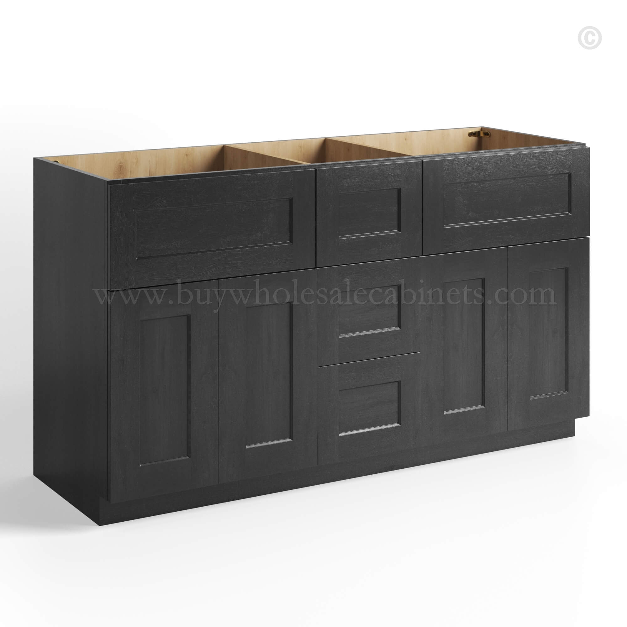 charcoal black shaker vanity sink base combo with three drawer middle and double sink, rta cabinets, wholesale cabinets