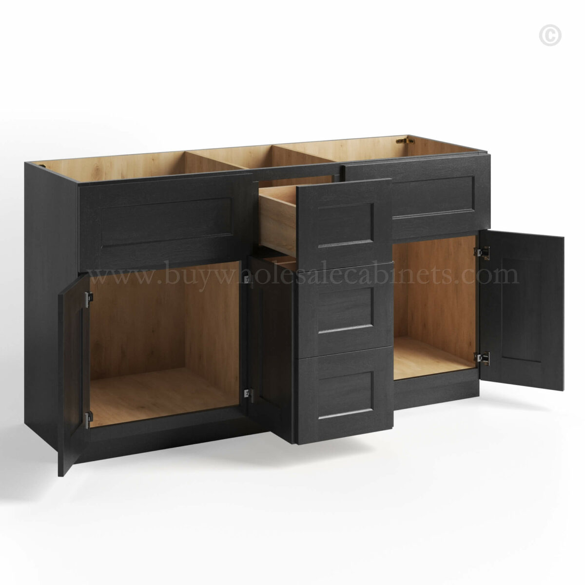 charcoal black shaker vanity sink base combo with three drawer middle and double sink open, rta cabinets, wholesale cabinets
