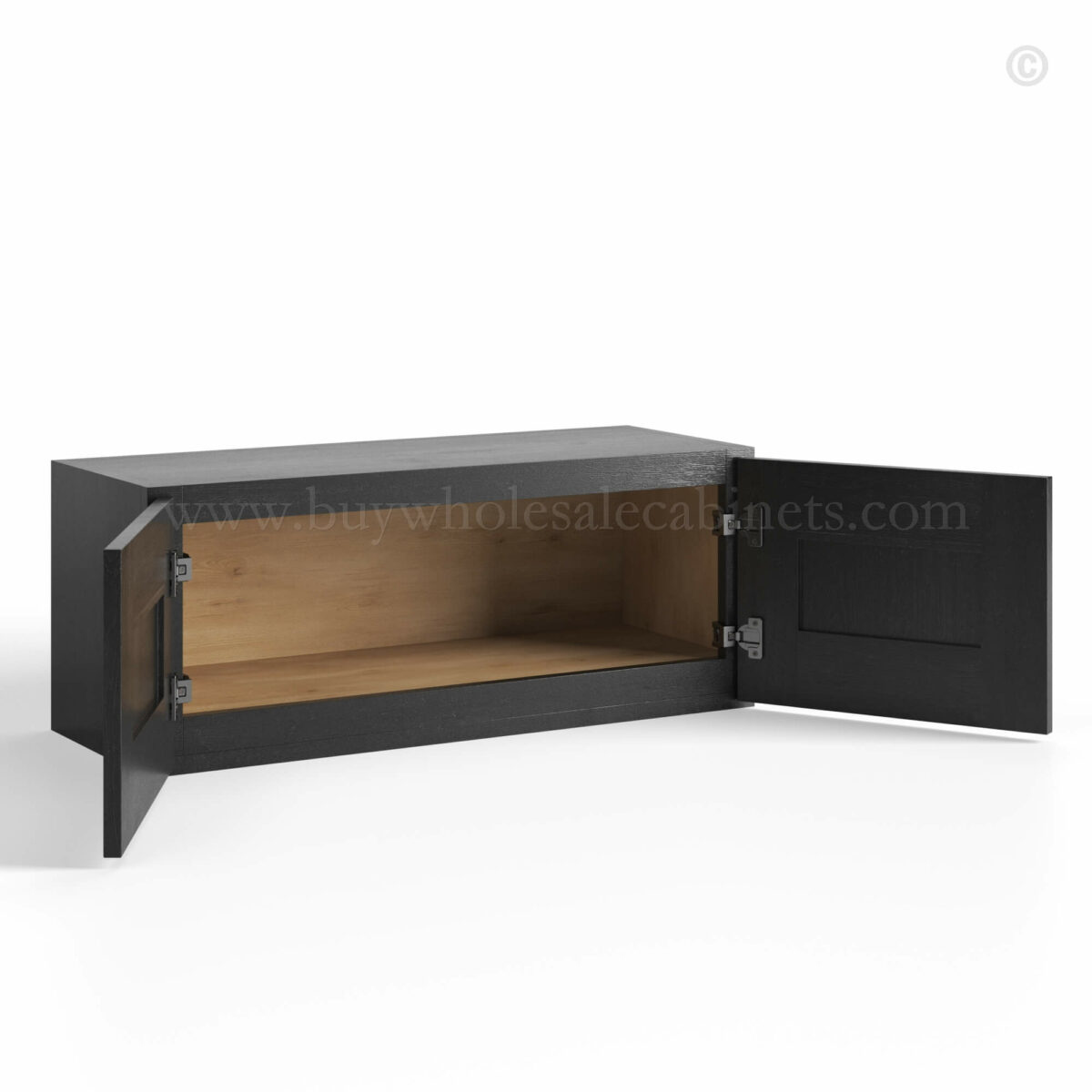 charcoal black shaker wall cabinets 12 H with two doors open, rta cabinets, wholesale cabinets