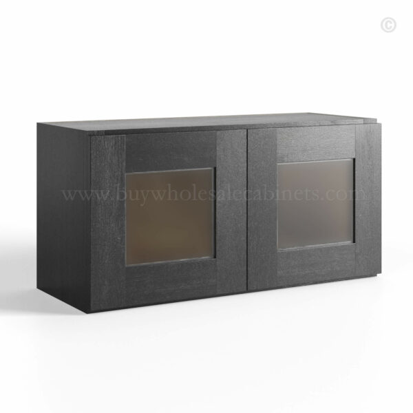 Charcoal Black Shaker Double Glass Door Wall Cabinets 15H, rta cabinets, wholesale cabinets