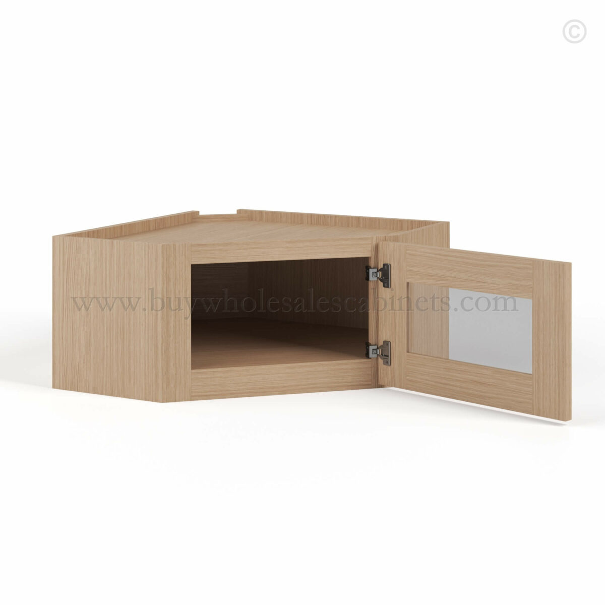 Slim Oak Shaker Diagonal Corner Wall Shelf with Glass Door, rta cabinets, wholesale cabinets