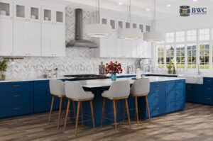 kitchen with navy blue cabinets, wholesale cabinets, rta cabinets