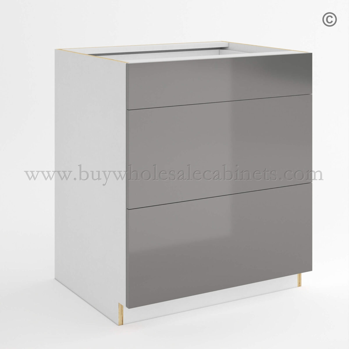 Frameless Gloss Gray Three Drawer Base Cabinet, wholesale cbinets, base cabinets