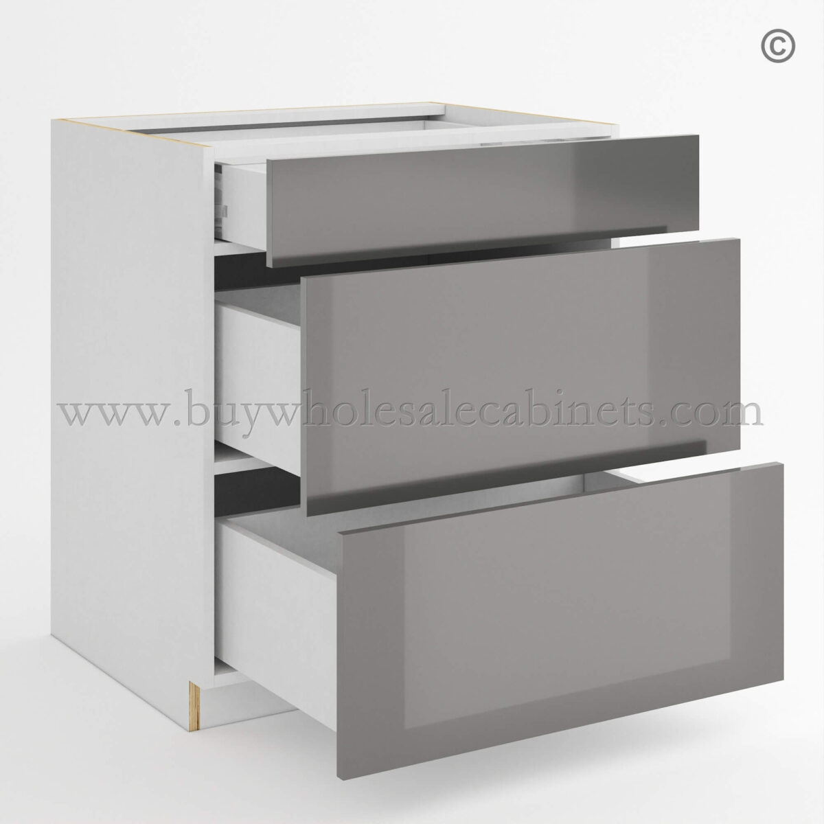 Frameless Gloss Gray Three Drawer Base Cabinet, wholesale cabinets, frameless cabinets