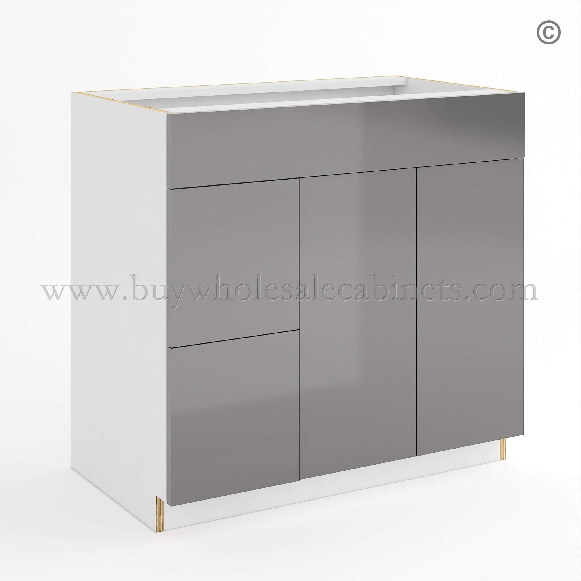 Frameless Gloss Gray Double Drawer Single Dummy Drawer Vanity Combo Base Cabinet 36W, rta cabinets, frameless cabinets