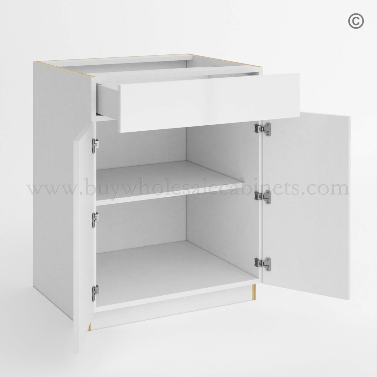 Frameless Gloss White Base Cabinet Double Door and Single Drawer, rta cabinets, white base cabinets