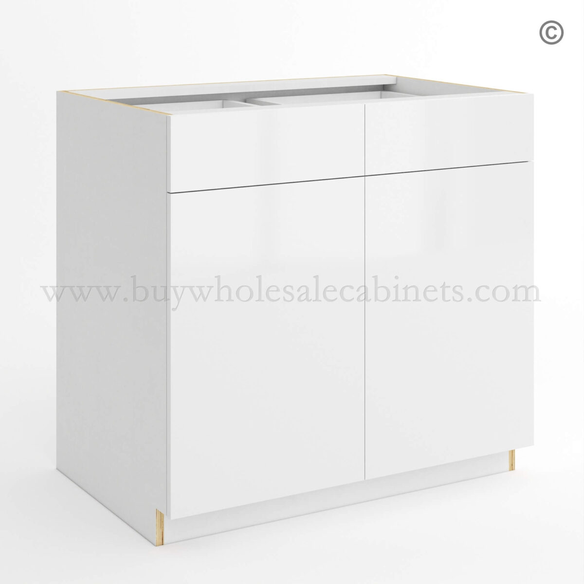 Frameless Gloss White Base Cabinet Double Door and Double Drawer, rta cabinets, white base cabinets