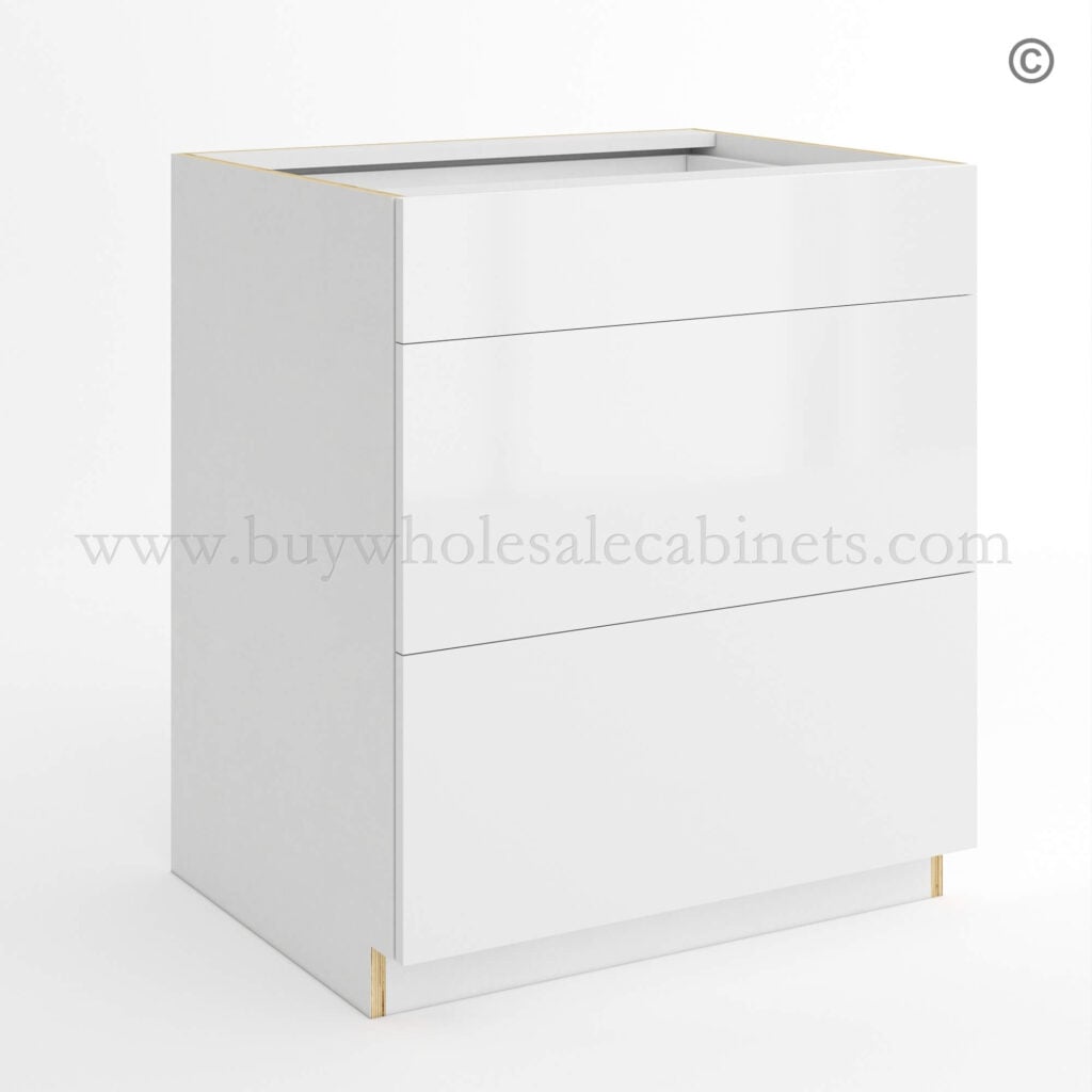 Frameless Gloss White Three Drawer Base Cabinet, rta cabinets