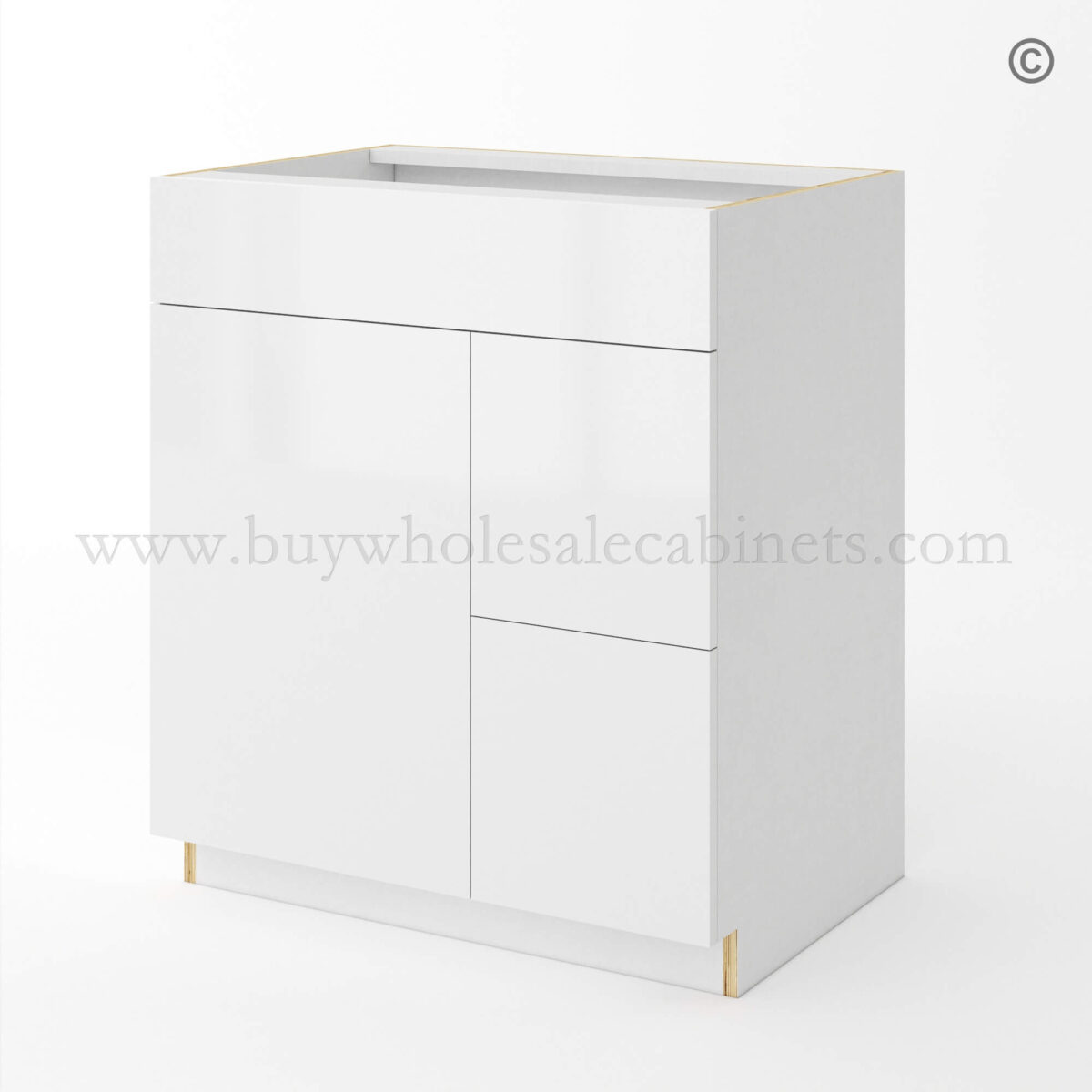 Frameless Gloss White Double Drawer Single Dummy Drawer Vanity Combo Base Cabinet 30W, rta cabinets, vanity cabinets