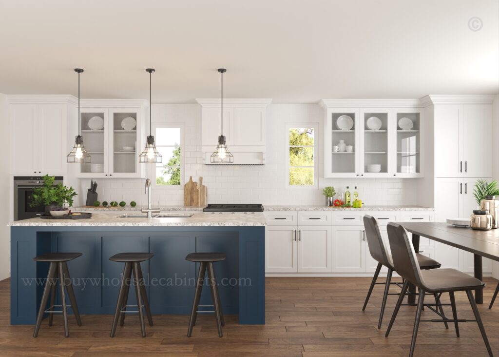 blue and white kitchen, rta cabinets