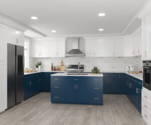 two toned kitchen cabinets, blue kitchen cabinets