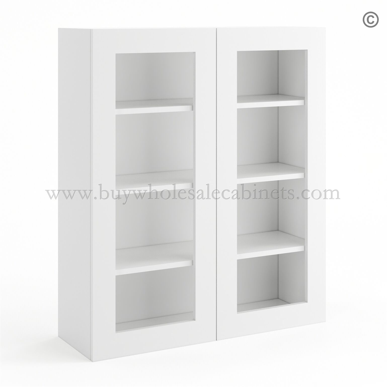 35-modern-white-42”-high-two-doors-glass-wall-cabinet-closed Frameless Modern White Shaker Wall Mullion Door 42"H - 2 Door 3 Shelves - Glass And Clips Not Included. - Image 1