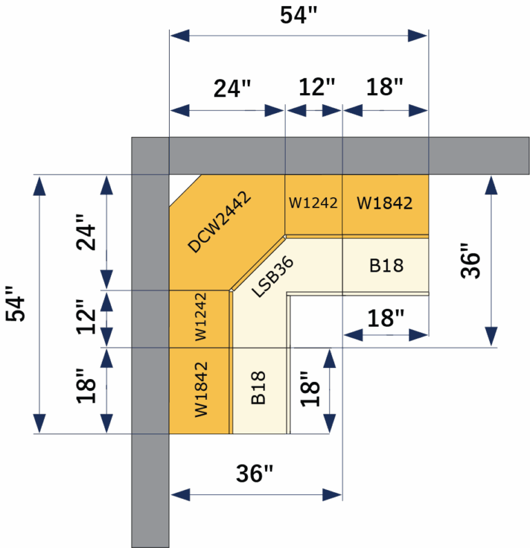 Kitchen layout diagram showing 12-inch wall cabinets filling the gap between a diagonal corner cabinet and adjacent uppers.