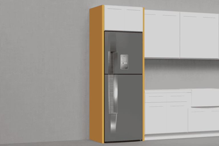 Built-in refrigerator surround using side panels and overhead cabinets for a custom, high-end kitchen look.