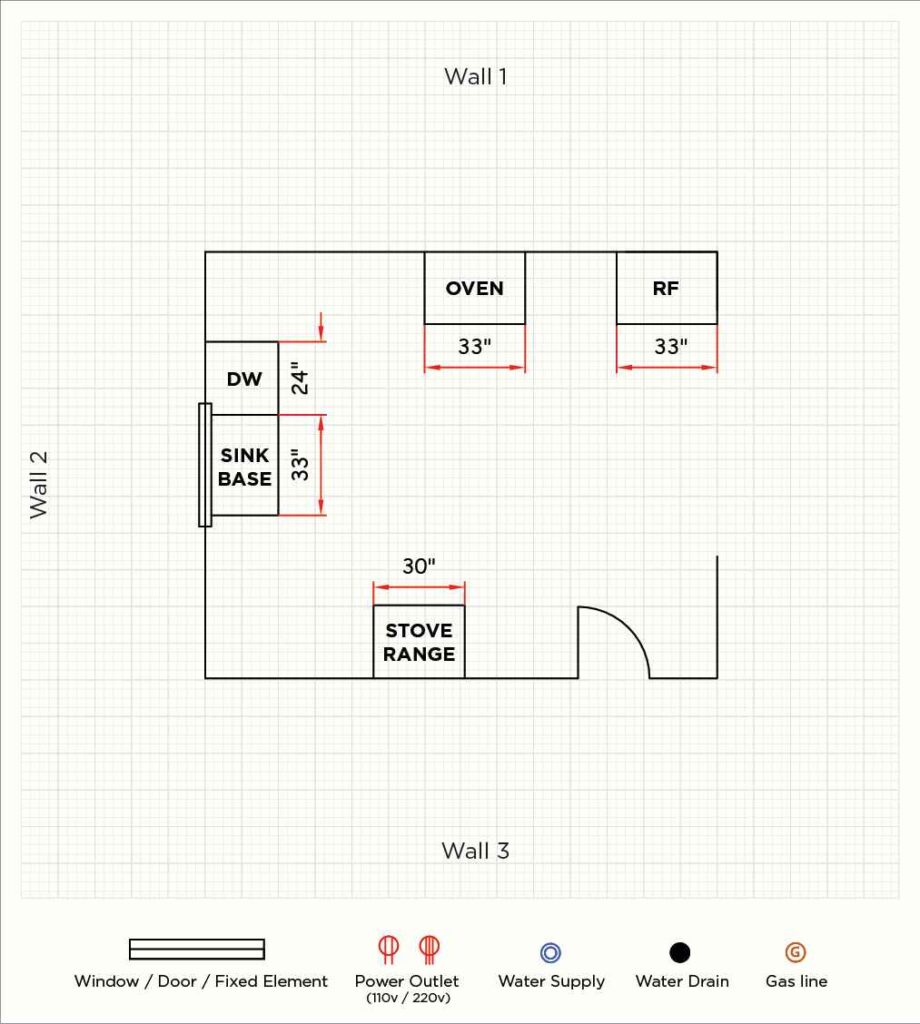 Kitchen floor plan layout showing the exact locations of stove, refrigerator, and dishwasher for cabinet planning.