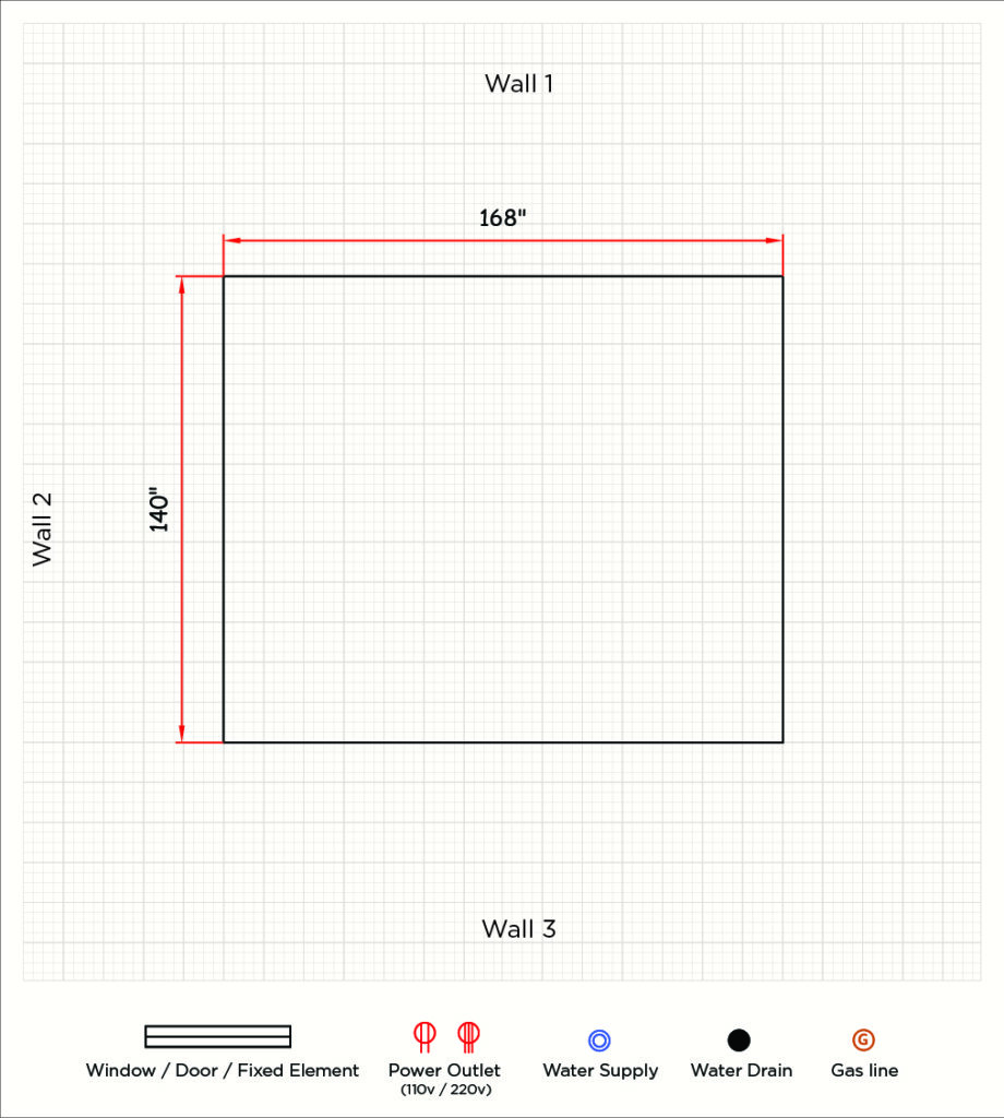 Measuring the total length of a kitchen wall from corner to corner with a tape measure.