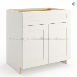 2 pearl white one drawer two doors base cabinet open