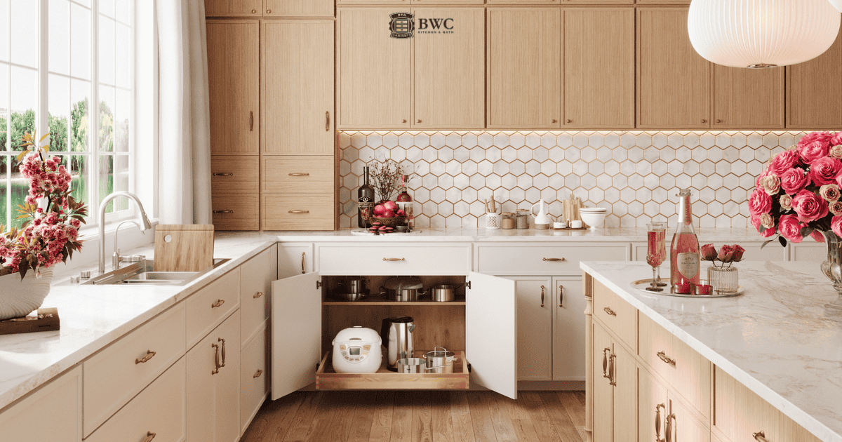 Two-tone White Shaker and slim oak wall cabinets