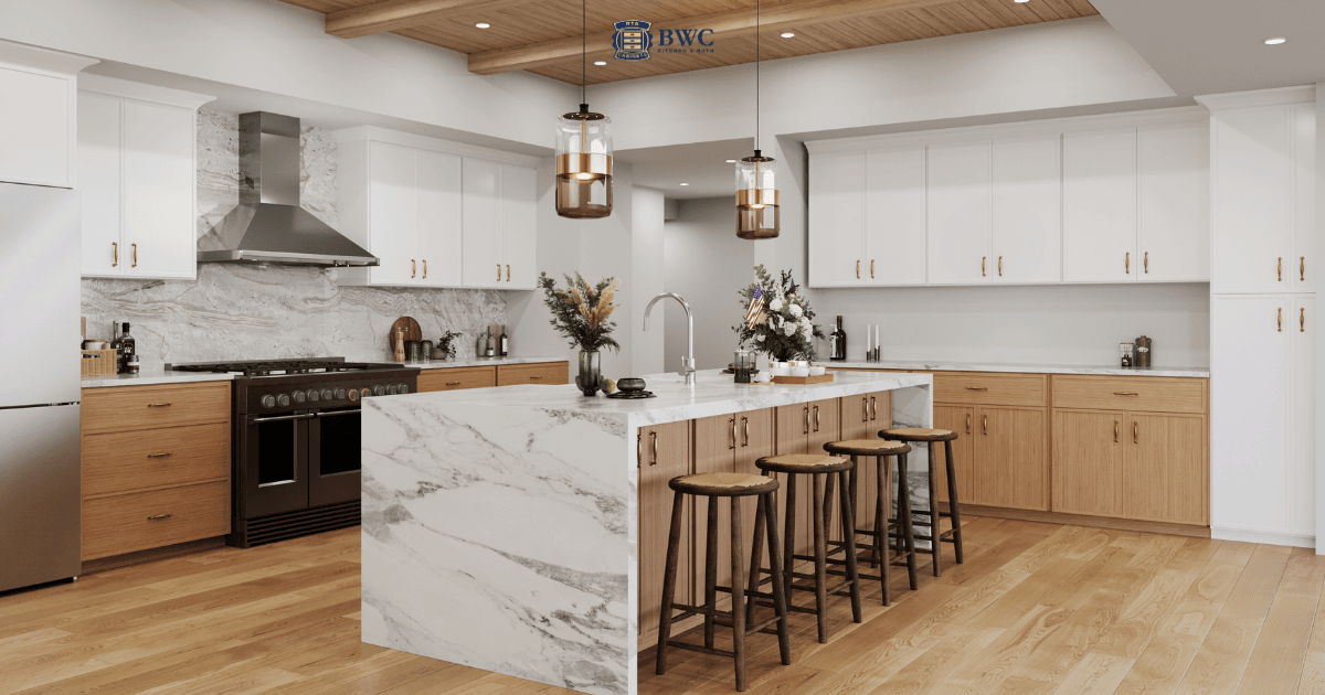 Transitional Florida kitchen with two-tone slim oak and white shaker cabinets