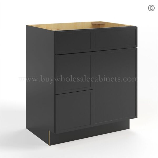 77 slim black shaker vaniy combo with one door and three drawers right closed finish side V3021DR