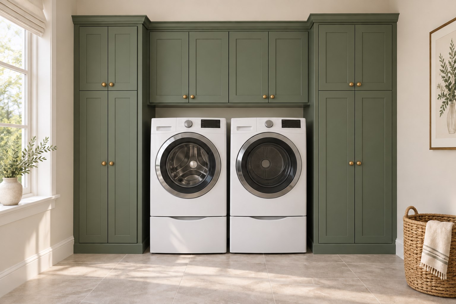 Green tall pantry cabinets beside a washer and dryer with overhead storage