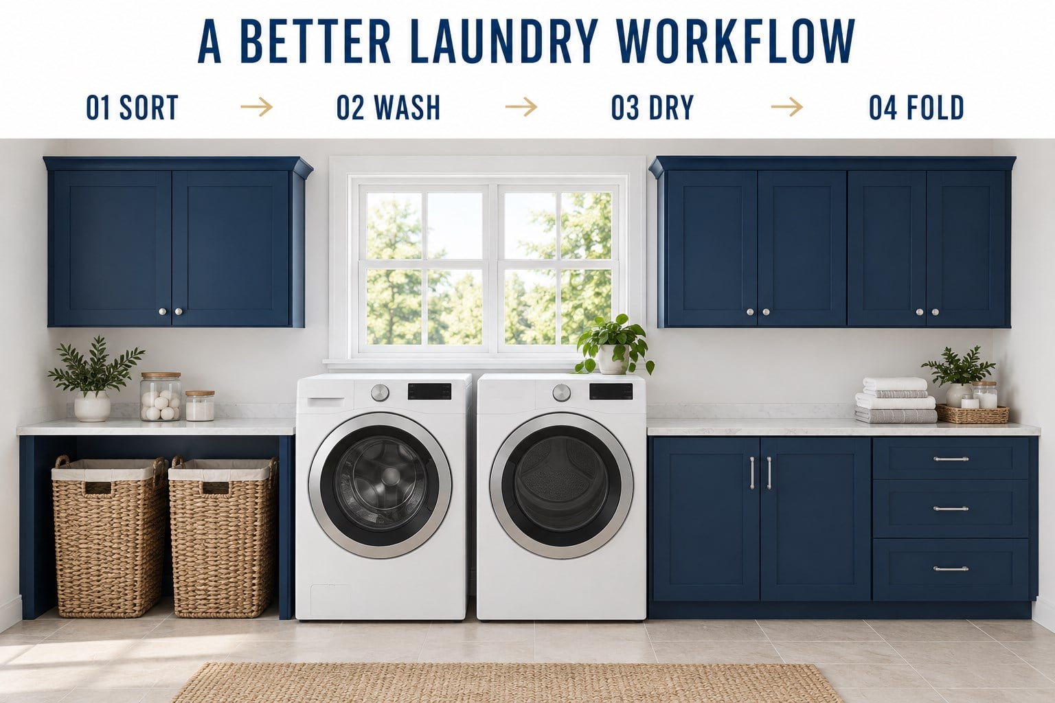 Laundry room arranged into Sort, Wash, Dry, and Fold zones